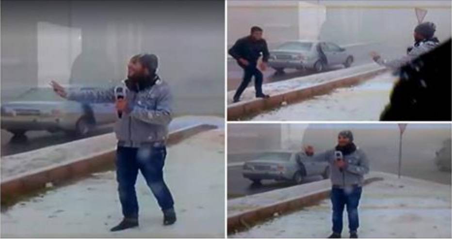 بالفيديو: مراسل يتعرض للرشق بالثلج مباشرة على الهواء.. شاهد ما حصل!!