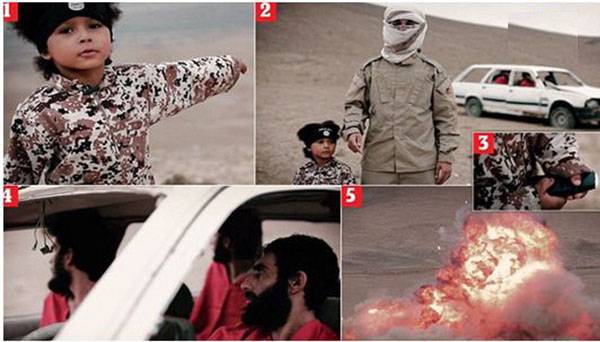 صور: طفل داعشي يُعدم 3 سوريين بتفجير سيارة كانوا بداخلها!