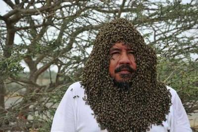 صورة غريبة لنحال سعودي وعلى وجهه آلاف النحل تجتذب زوار الجنادرية