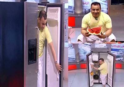 بالفيديو: مذيع يخرج من الثلاجة ويأكل بطيخة على الهواء!