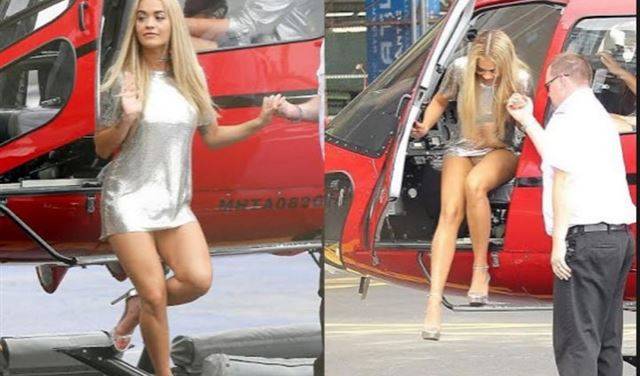 بالصور: ريتا اورا تتعرض لموقف محرج اثناء خروجها من الهليكوبتر