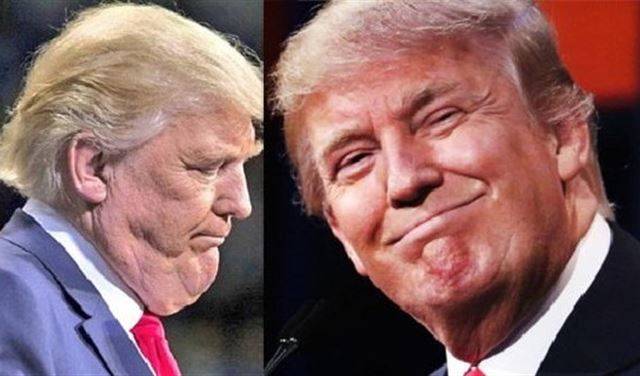 سر اللون الوردي لوجه ترمب ولحمية تبرز بذقنه أسفل فمه