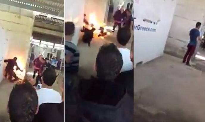 فيديو مؤلم للاجئ سوري يائس وهو يحترق بنار الانتحار!!
