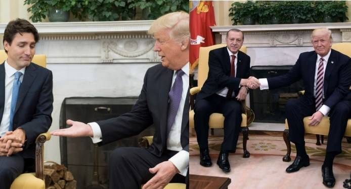 بالفيديو.. كيف هزم أردوغان وترودو ترامب بامتحان مصافحته الغريبة؟