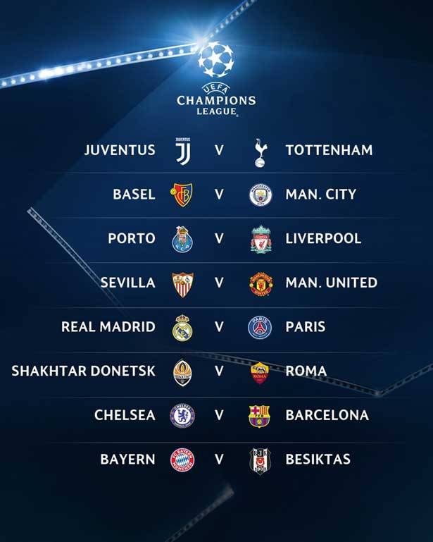 قرعة دور الـ 16 لدوري أبطال أوروبا :
ريال مدريد ــ باريس سان جرمان وتشلسي ــ برشلونة
