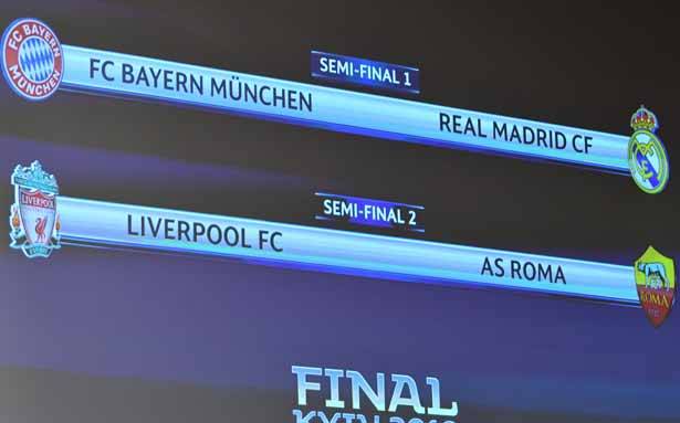 قرعة نصف نهائي دوري أبطال أوروبا :
بايرن ــ ريال مدريد وليفربول ــ روما
