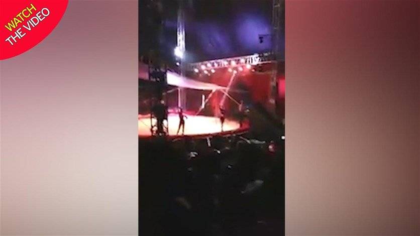 بالفيديو – مغني سيرك يسقط بين الجمهور عن ارتفاع شاهق