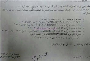 بالصورة.. برقية أمنية تحذر من 7 سيارات مفخخة