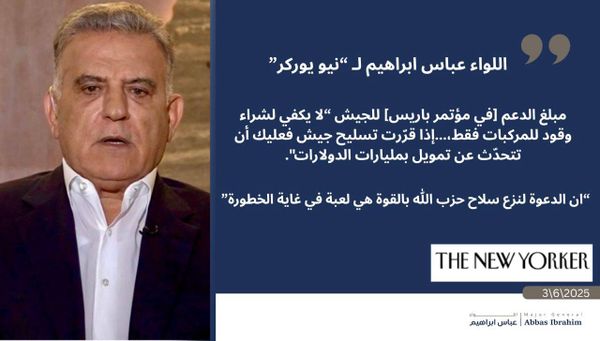 اللواء عباس ابراهيم لصحيفة "نيويوركر": إن نزع السلاح بالقوة لعبة في غاية الخطورة